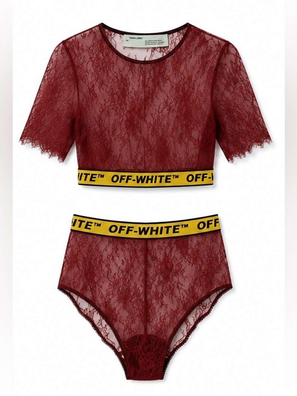 Off-White red lace crop top and short set.